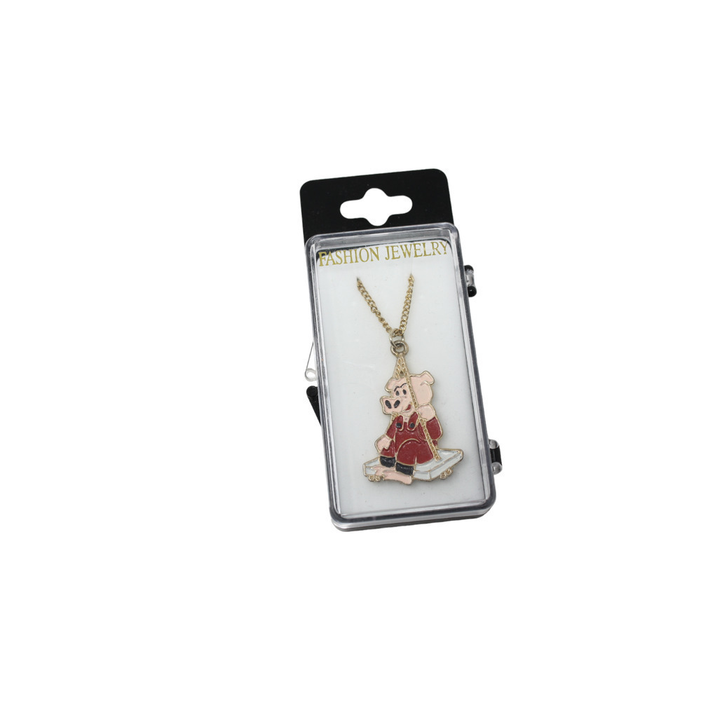 Vintage 80s Enamel Charm Necklace Pink Pig on a Swing in Original Box - Hey Viv